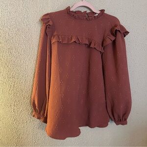 JODIFL Brown Ruffled Long Sleeve Blouse Size L Chic Business Casual Office
